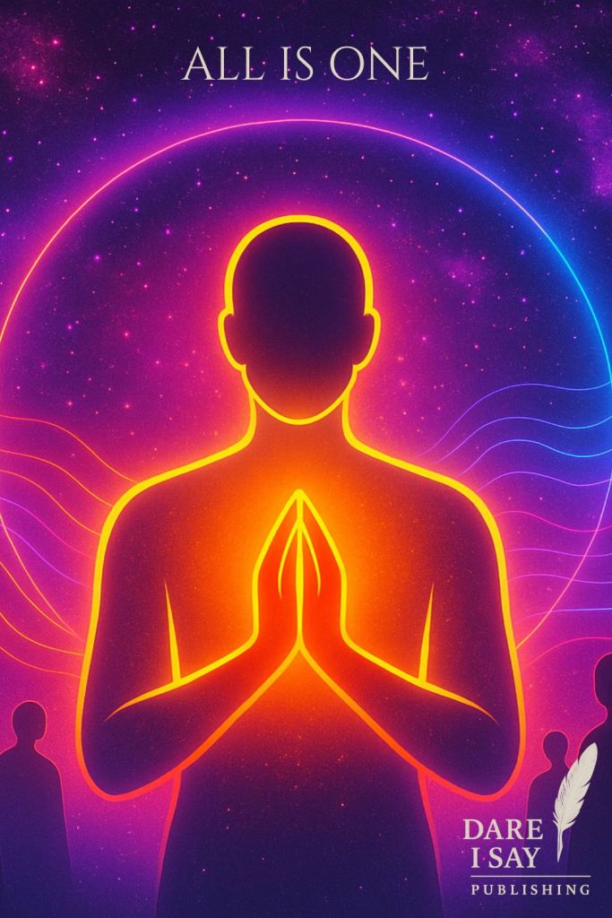 A glowing orange silhouette of a meditating person with hands in prayer pose, surrounded by radiant concentric circles of violet and magenta light. The background flows with cosmic energy, and text above reads: “All is One.”