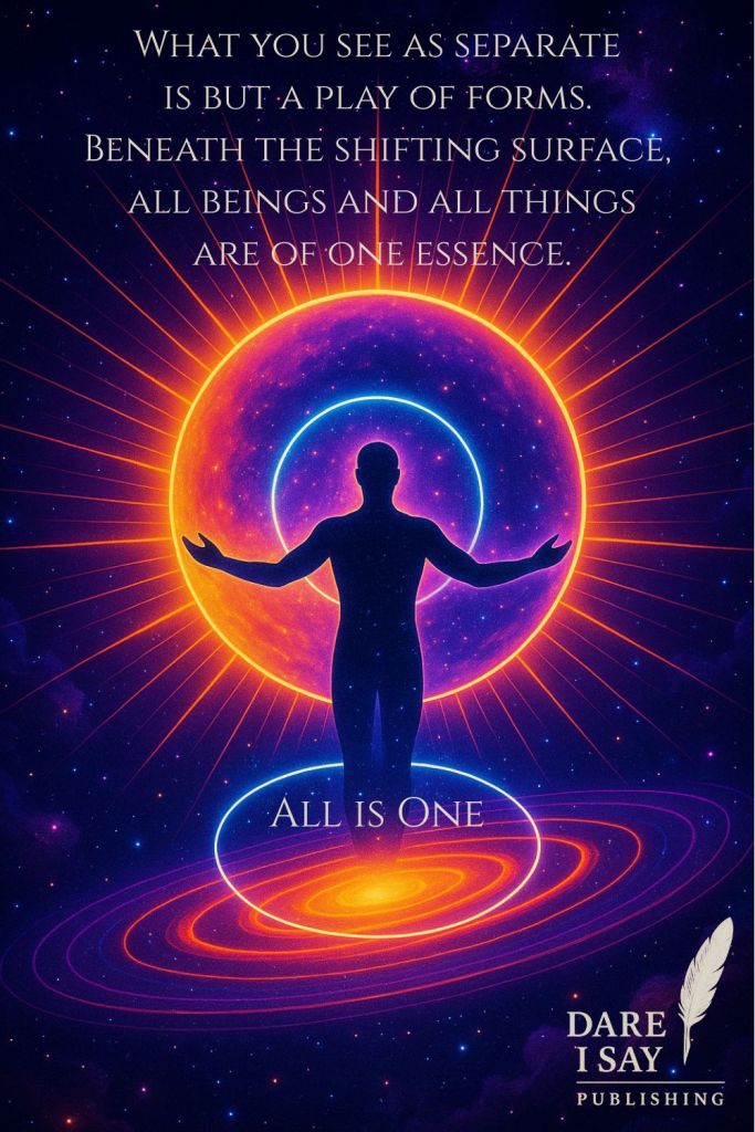 A luminous figure stands in an infinite cosmic landscape, arms open within radiant concentric rings of light. Above, text reads: “All is One. What you see as separate is but a play of forms. Beneath the shifting surface, all beings and all things are of one essence.”