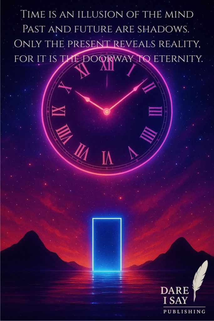 A neon pink and violet clock floats in a surreal sky above a glowing doorway and still water. Text above reads: “Time is an illusion of the mind. Past and future are shadows. Only the present reveals reality, for it is the doorway to eternity.”