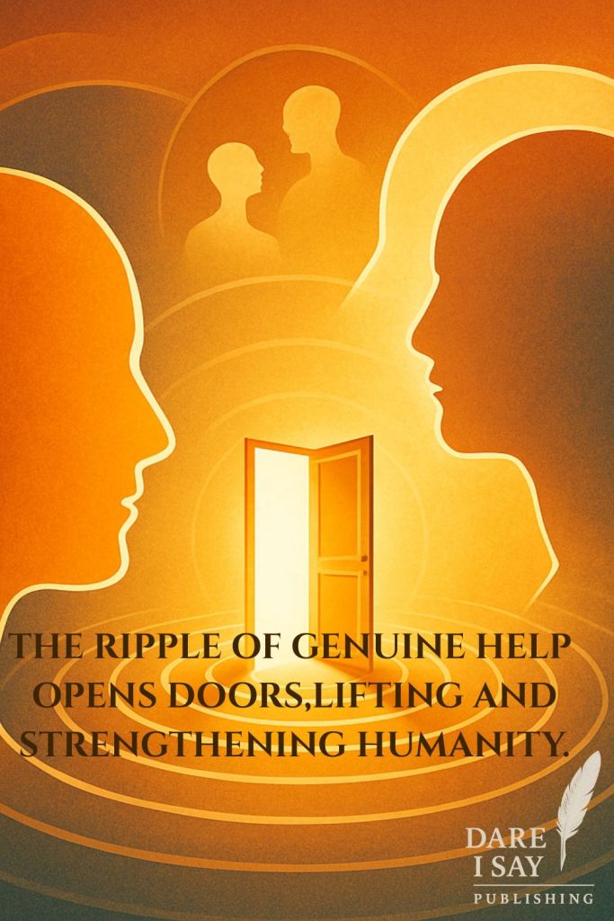 Golden abstract figures face each other, their profiles forming the outline of a glowing open door between them. Ripples of light spread outward, suggesting connection and empathy. The text reads: “The ripple of genuine help opens doors, lifting and strengthening humanity.” Warm tones evoke light, openness, and shared awakening.