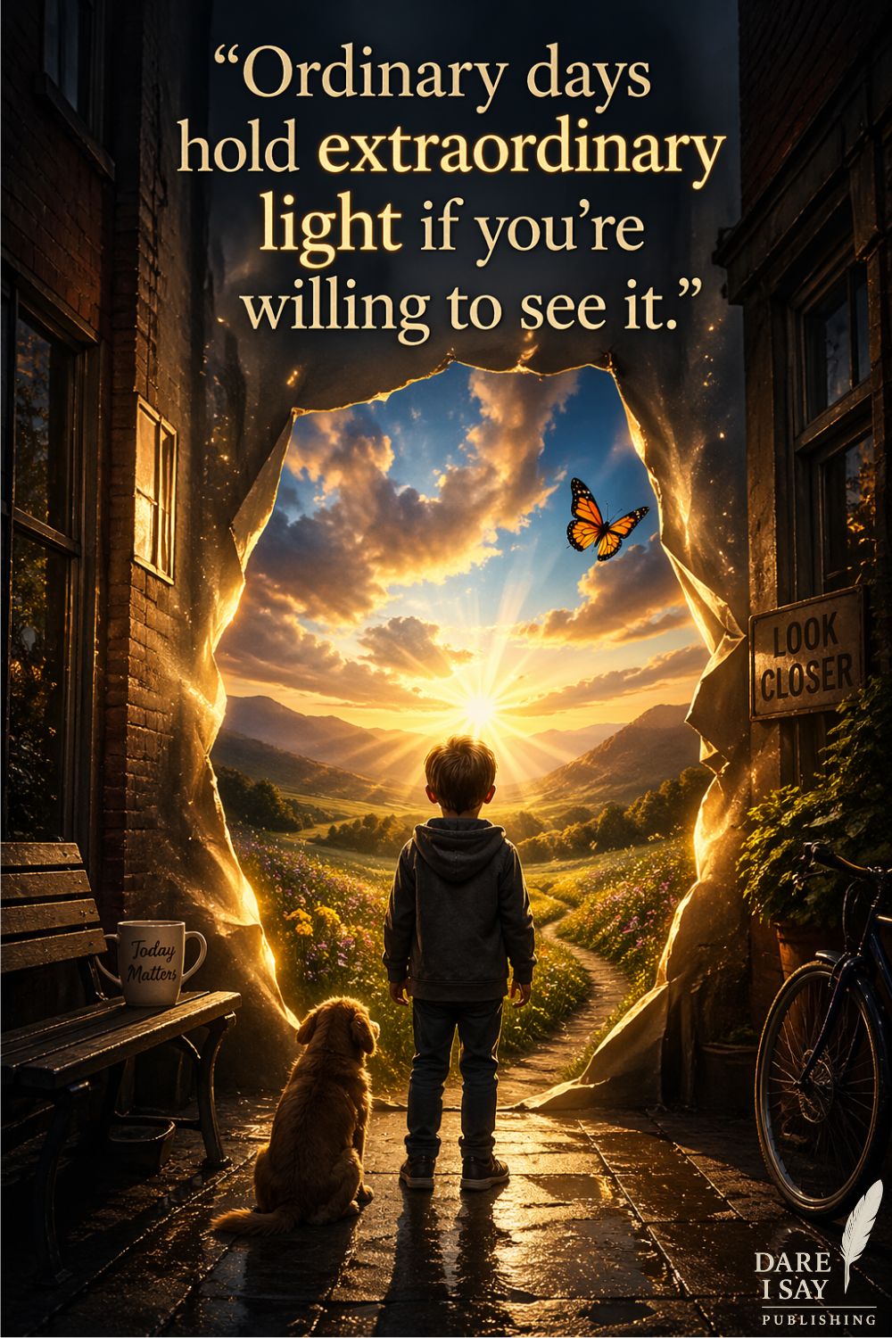 A motivational artwork showing a child and a loyal dog standing in a dark alleyway, looking through a glowing opening that reveals a sunlit valley filled with flowers, mountains, and golden light. A butterfly floats overhead while a sign reads "Look Closer" and a mug nearby says "Today Matters." The image symbolizes finding wonder, beauty, and meaning within ordinary everyday moments. The quote reads: "Ordinary days hold extraordinary light if you're willing to see it."