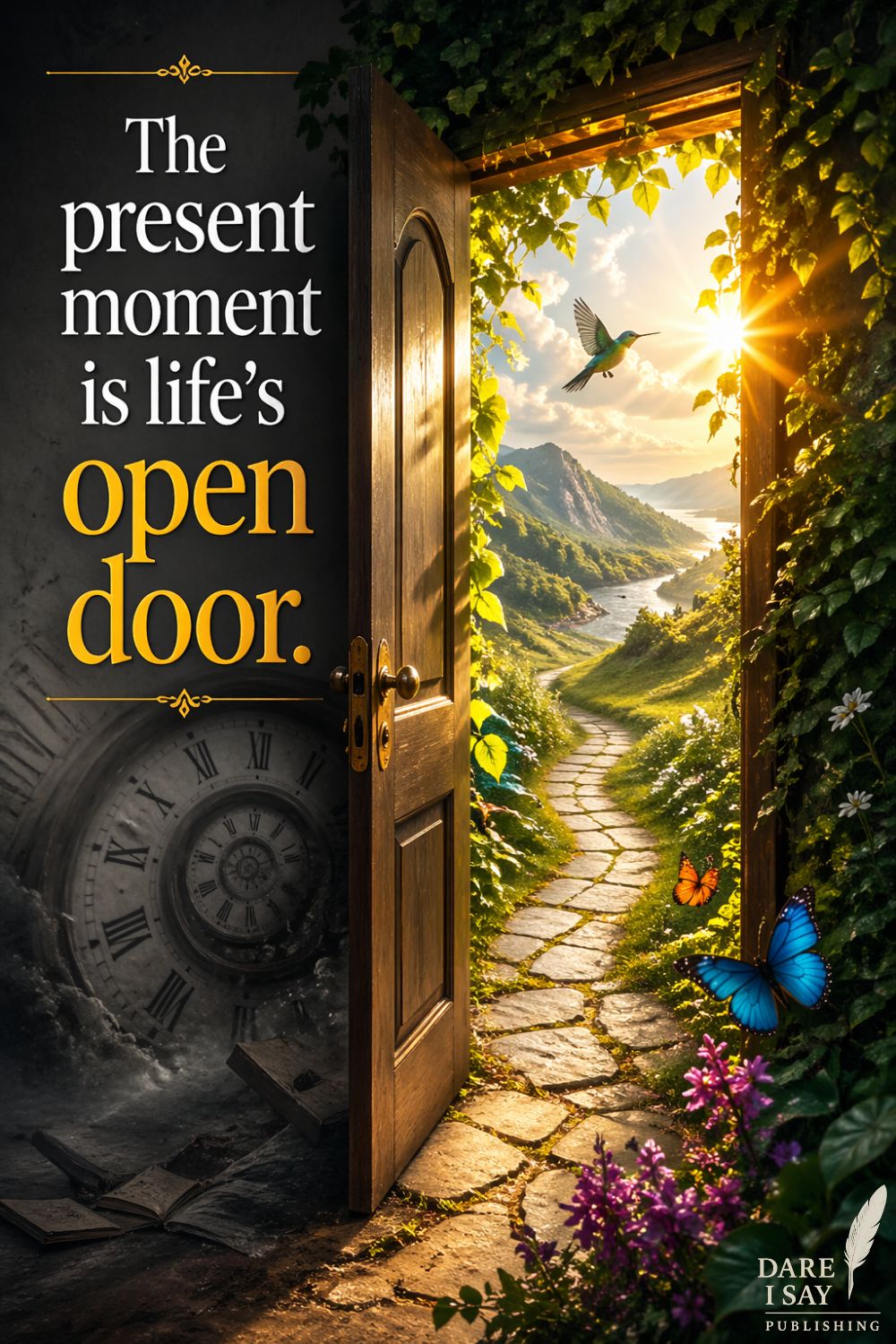 An inspirational artwork featuring an open wooden door covered in ivy, revealing a sunlit path winding through mountains and valleys. Butterflies, flowers, and a hummingbird surround the bright landscape, while a distorted clock and scattered books fade into the shadows behind the doorway. The image symbolizes presence, mindfulness, leaving the past behind, and embracing the opportunities available in the present moment. The quote reads: “The present moment is life’s open door.”