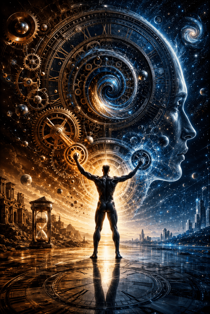 A symbolic figure stands atop an immense clock beneath galaxies, cosmic gears, and a star-filled human profile overlooking ancient ruins and a futuristic city, illustrating Carlo Rovelli's relational view of time and humanity's role in understanding reality, consciousness, and the evolving universe.