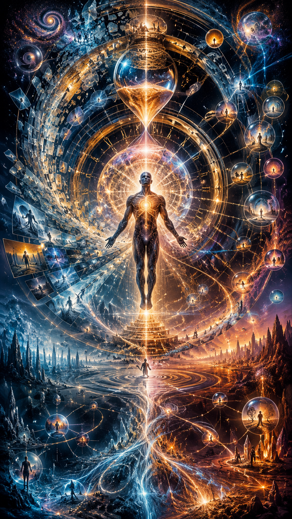 Cosmic human figure standing within an immense multidimensional time structure surrounded by galaxies, timelines, and a giant hourglass, representing human agency, consciousness, and the deeper reality beneath conventional timekeeping.
