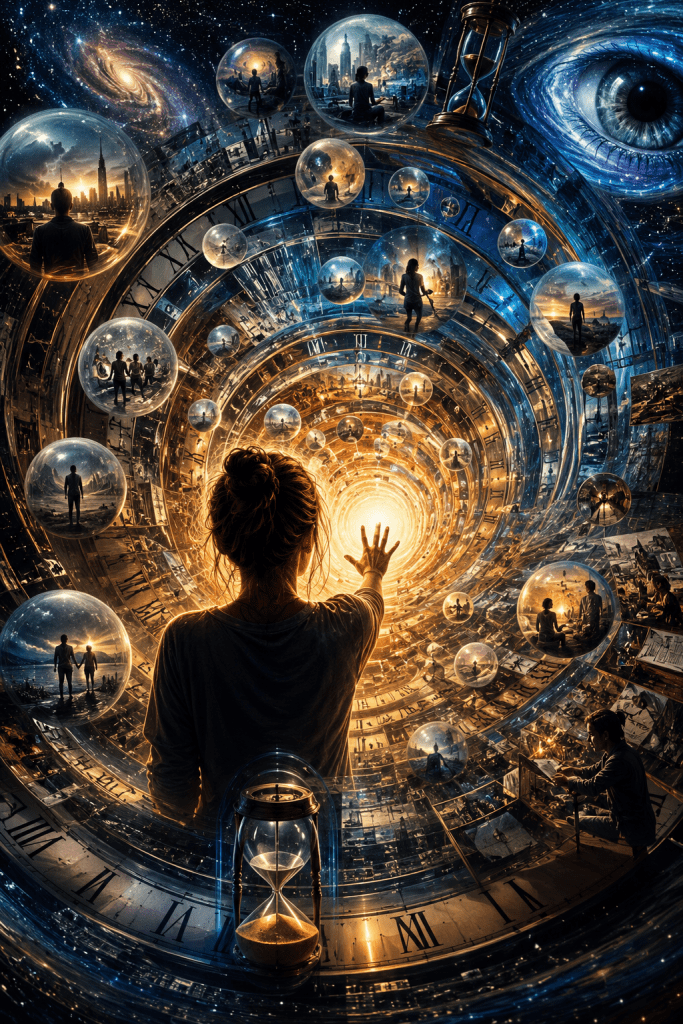 Woman reaching toward a glowing tunnel of time surrounded by clocks, memories, future possibilities, and alternate life paths contained within floating spheres, representing human potential, decision-making, and the relationship between memory and future outcomes.