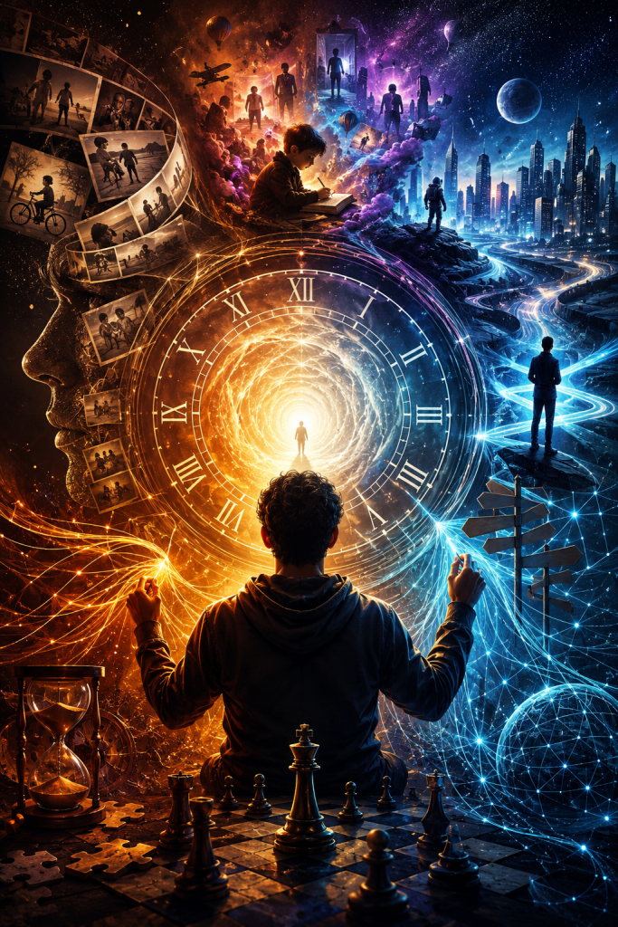 A young thinker sits before a glowing cosmic clock while memories, future cities, life choices, chess pieces, and branching roads surround them. The image represents decision-making, imagination, and human agency shaping personal timelines and future outcomes.