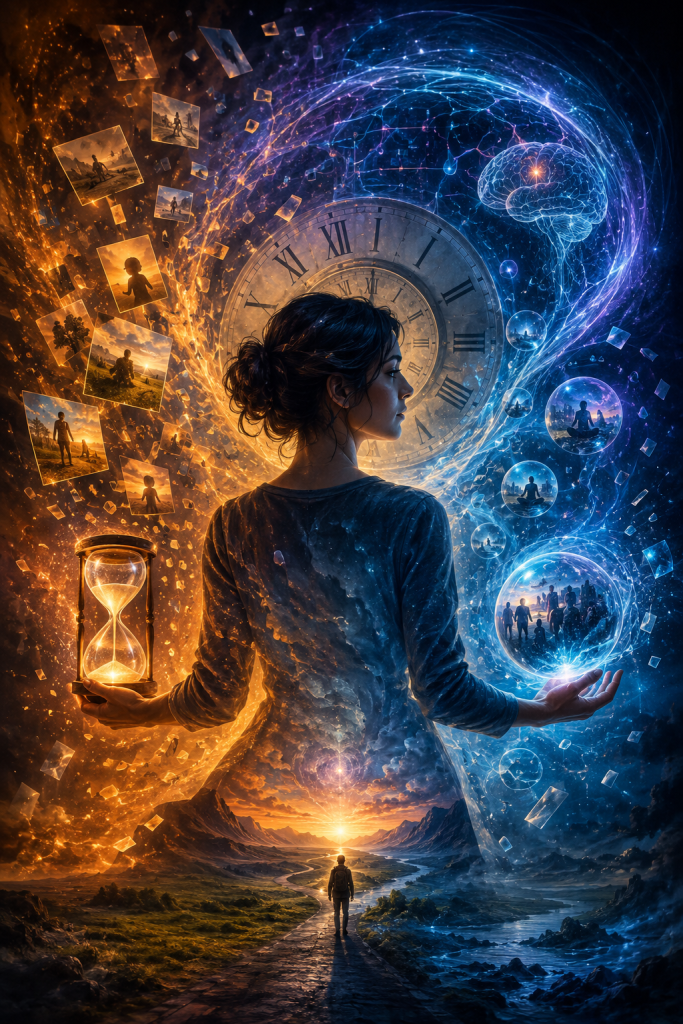 A woman holding a glowing hourglass stands between memories of the past and visions of future possibilities, representing how memory, anticipation, and awareness shape human experience across time.