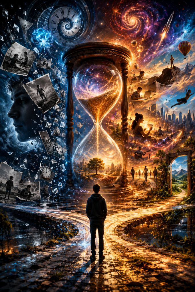 A solitary figure stands before a monumental hourglass surrounded by memories, creativity, learning, relationships, and future possibilities, representing the choices that shape identity, destiny, and the lived experience of time.