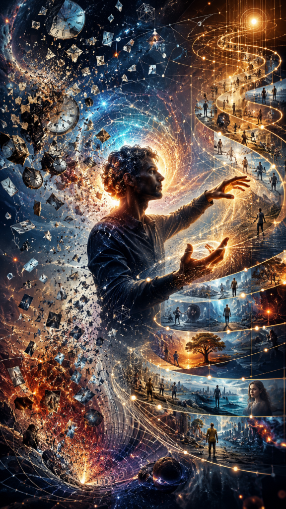 Person shaping a luminous spiral timeline filled with memories, life events, alternate realities, and cosmic energy, representing human agency, decision-making, and the construction of temporal experience.