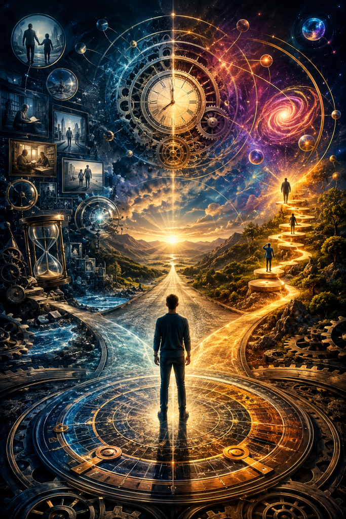 A lone traveler stands at the center of a great temporal mechanism where memories, family, learning, cosmic evolution, and future possibilities branch in different directions representing how awareness and choice shape life's unfolding journey through time.