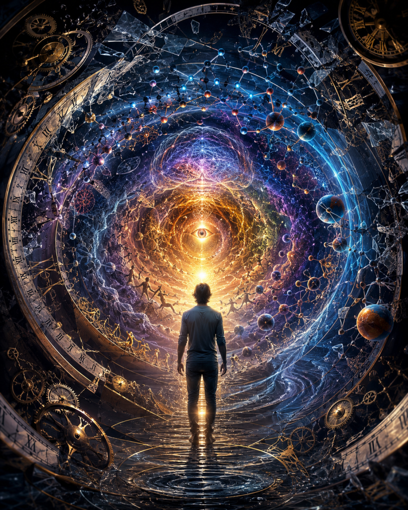 A lone figure stands before a radiant cosmic vortex surrounded by giant clock rings, gears, atomic structures, planets, and spiraling particles. A glowing eye beneath a luminous brain-like network shines above the scene while human silhouettes and interconnected pathways swirl through the cosmos. The image represents consciousness, time perception, observation, memory, scientific discovery, and humanity's search for the deeper structure of reality.