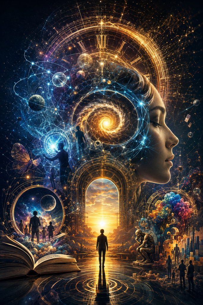 An open book leads toward a luminous gateway surrounded by galaxies, clocks, scientific symbols, creativity, philosophy, and human exploration. A central figure walks toward the light, representing knowledge, awareness, and the pursuit of understanding time, consciousness, and reality.