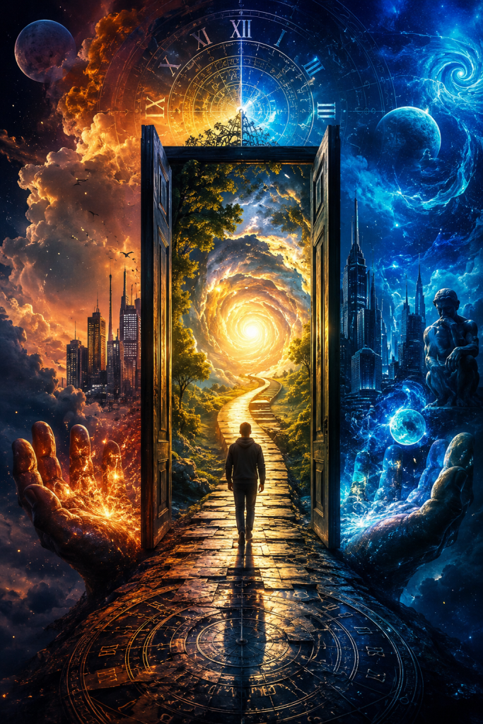 Traveler walking through a radiant doorway between contrasting cosmic realms beneath a celestial clock, representing transformation, possibility, free will, consciousness, and the deeper reality hidden beneath time.