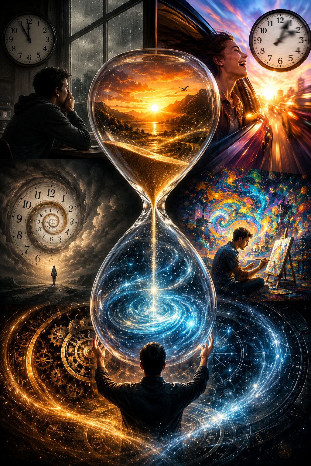 A surreal collage featuring a giant cosmic hourglass, distorted clocks, boredom, creativity, reflection, and joyful experiences, representing how human attention, emotion, and awareness shape the subjective experience of time.