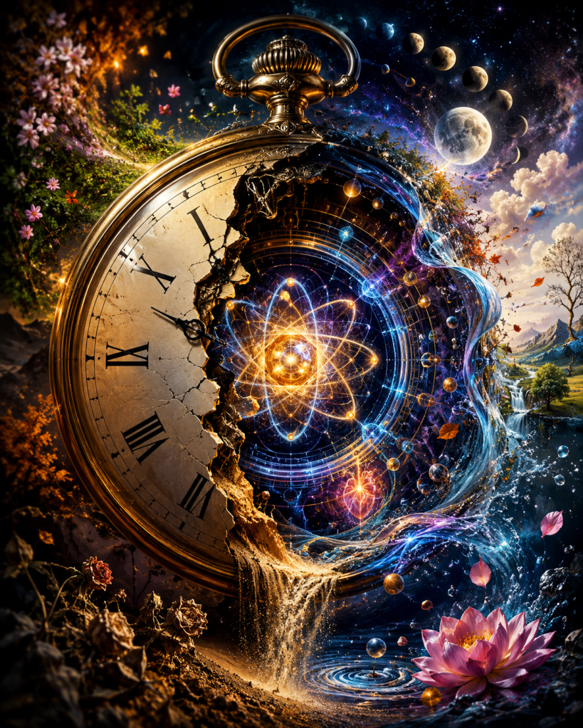 Ancient pocket watch dissolving into cosmic energy, moon phases, flowing water, seasons, and celestial structures, representing the historical evolution of timekeeping and humanity's relationship with natural rhythms.