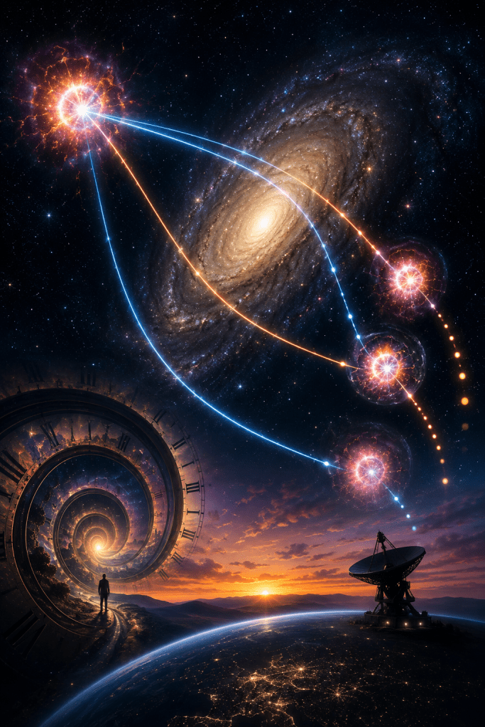 A spiral galaxy and glowing supernova pathways connect across space above Earth and a radio telescope, illustrating gravitational lensing, delayed light arrivals, and how observers witness the same cosmic event at different times.