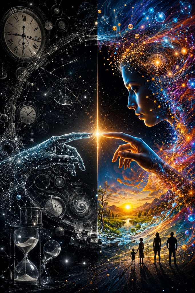 A split composition shows a universe of clocks, hourglasses, and cosmic structures on one side and a vibrant consciousness filled with light, energy, and human possibility on the other. Two outstretched hands meet at a glowing point, representing the relationship between time, observation, and awareness.