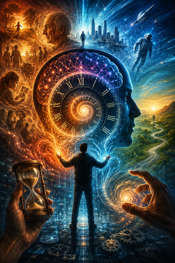 A human figure stands between memories, personal history, future possibilities, and a glowing spiral clock, representing how consciousness bridges past experiences and future anticipation to create temporal experience.