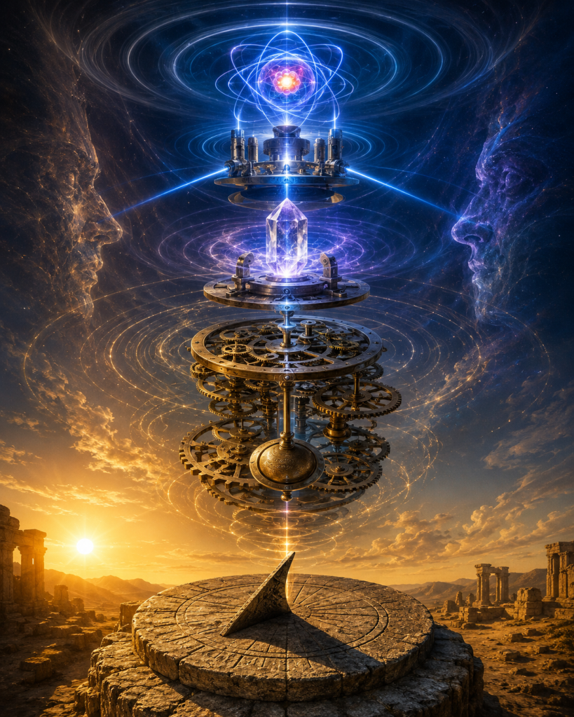 Floating mechanism combining a sundial, crystal, atomic orbitals, and intricate clockwork between luminous faces, representing the evolution of time measurement from ancient observation to modern atomic precision.