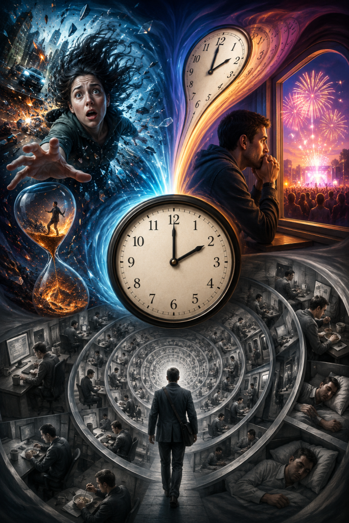 A surreal composition showing fear, celebration, routine, warped clocks, and an hourglass, illustrating how attention, emotion, novelty, and repetition influence the subjective experience of time.