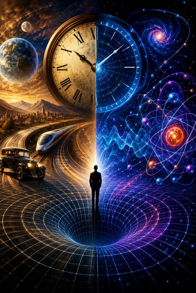 A massive clock divides a world of familiar human experience from a realm of physics, atoms, galaxies, and spacetime geometry. A solitary figure stands at the boundary between classical time and the deeper structure of the universe representing the transition from classical notions of time to modern physics.