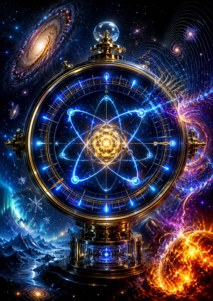 Futuristic atomic clock glowing against galaxies, planets, and stars, representing atomic precision, modern physics, and humanity's ongoing effort to understand time.
