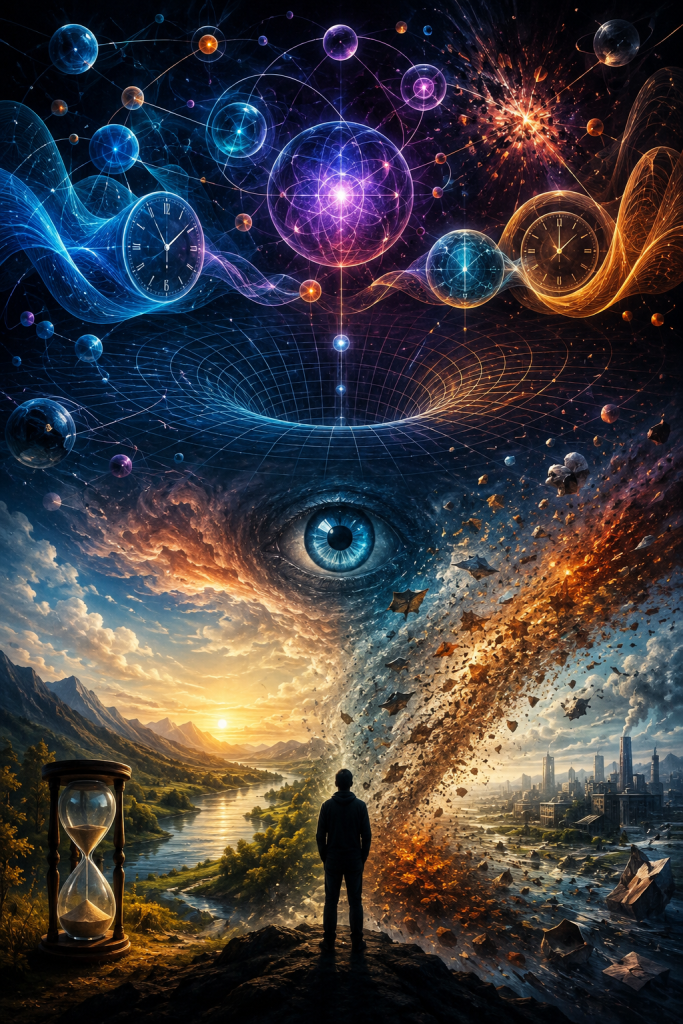 A surreal landscape of atoms, floating clocks, gravitational structures, and contrasting natural and industrial worlds surrounds a solitary observer, illustrating how perception, memory, conscious choice, and human agency shape the experience of time.