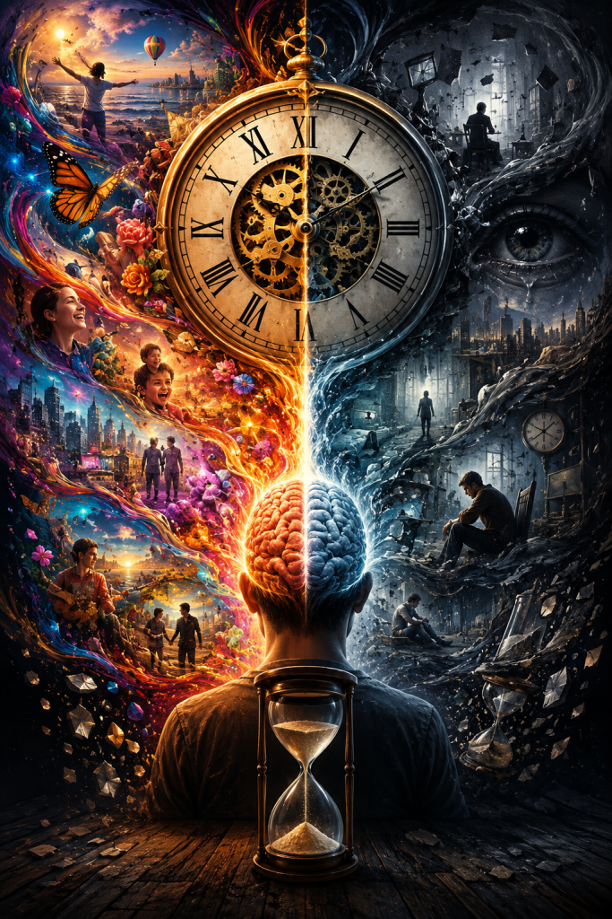 A giant clock separates a vibrant world of joy, growth, and connection from a darker world of isolation and despair, representing how perception and interpretation influence the reality we experience through time.