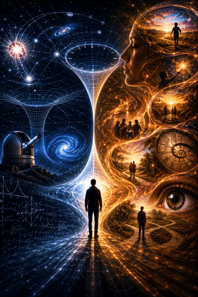 A figure stands between cosmic observatories and a luminous landscape of memories and relationships, representing the connection between objective physical time and subjective human experience.