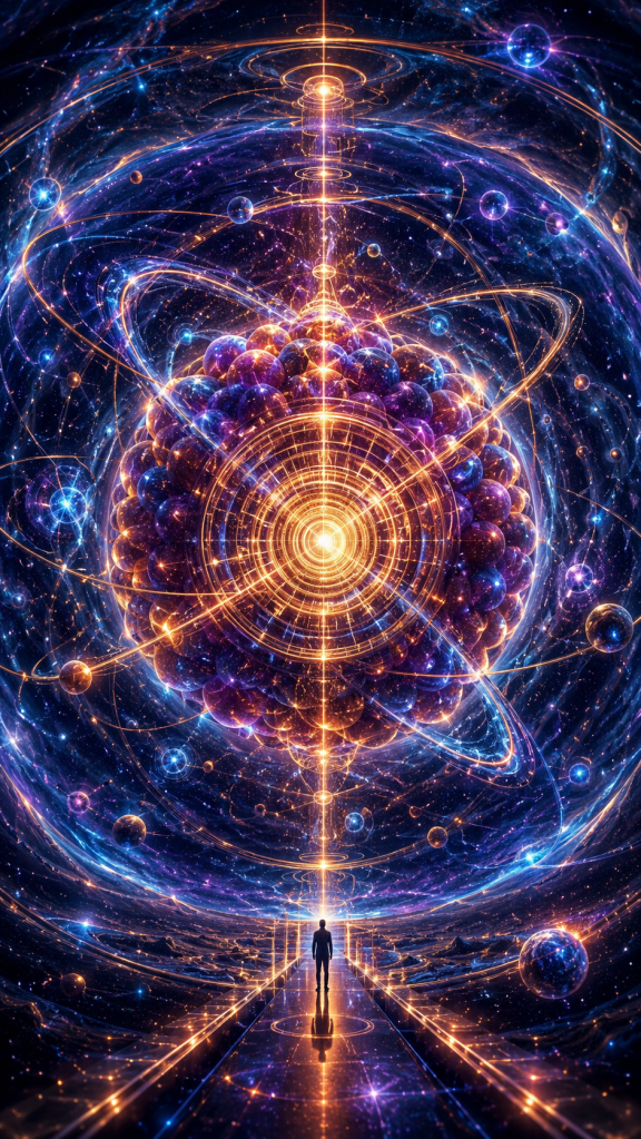 Luminous atomic core radiating geometric energy patterns across a cosmic sphere, representing nuclear clocks, fundamental physical processes, and deeper layers of reality beneath conventional timekeeping.
