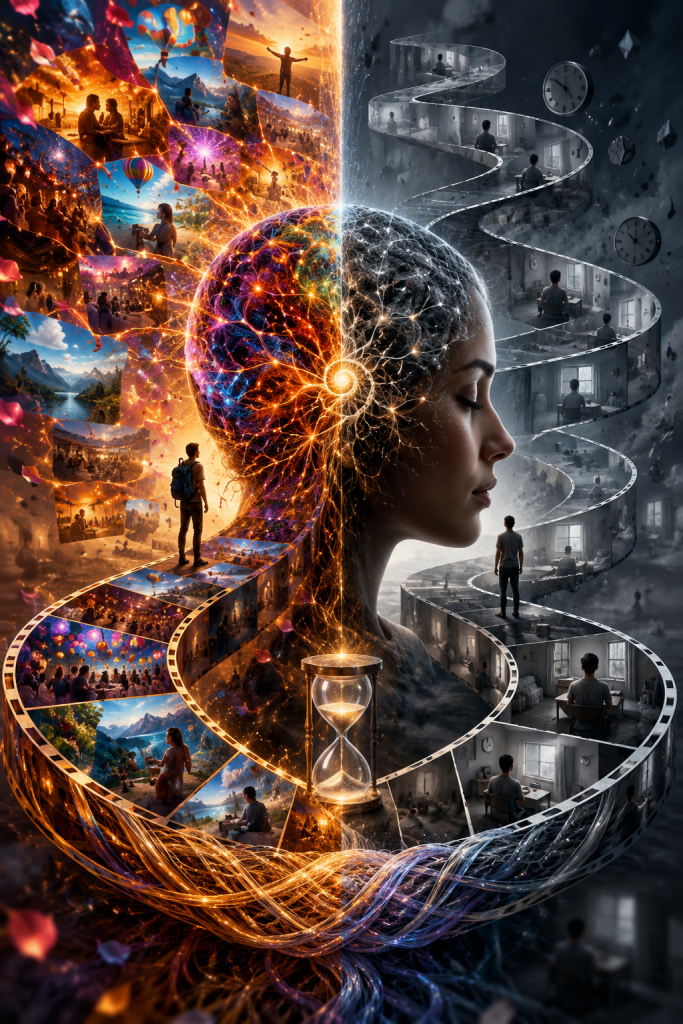A woman's illuminated profile surrounded by memories, routines, film strips, and an hourglass represents how memory organizes experience and shapes the perception of time and identity.