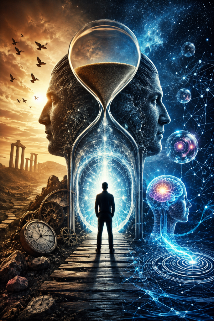 A lone figure faces a glowing portal in the lower half of a giant hourglass standing between ancient ruins and futuristic neural networks with clocks, stars, and cosmic patterns all symbolizing the relationship between observation, information, consciousness, and the emergence of temporal order.