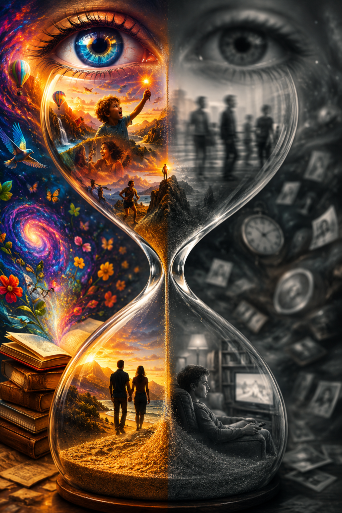A giant hourglass containing colorful imagination, relationships, adventure, and contrasting scenes of isolation and forgotten memories, representing how attention influences the richness and meaning of lived experience.