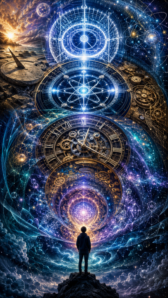 Observer standing before celestial clocks, sundials, gears, and atomic symbols suspended in a cosmic landscape, representing humanity's search for the true nature of time and measurement.