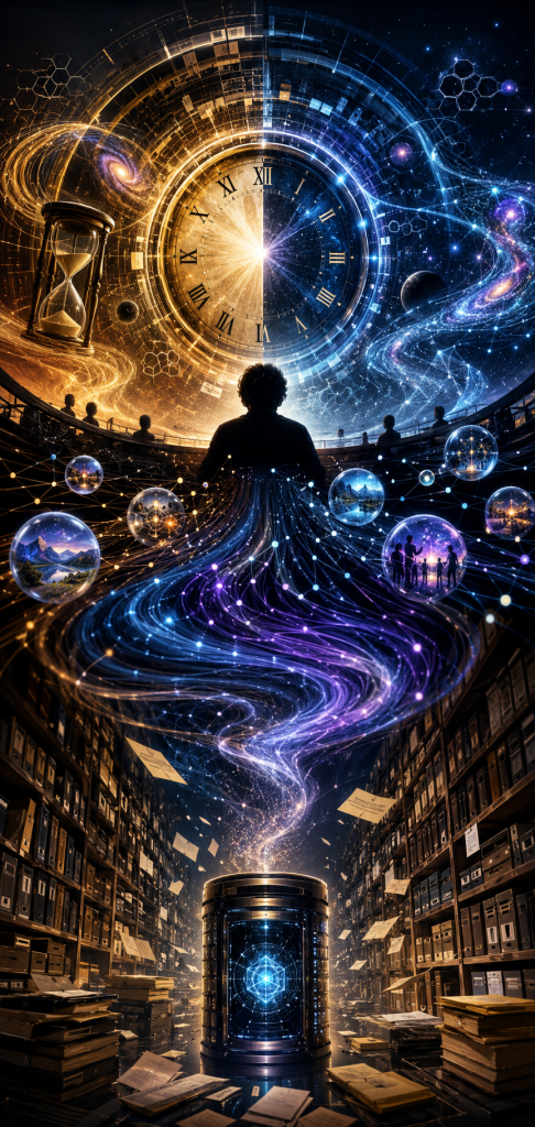 A vast archive of records and memories transforms into streams of light flowing toward an immense cosmic clock. Floating spheres contain scenes of life and human experience, representing how recorded differences and preserved information create temporal awareness.