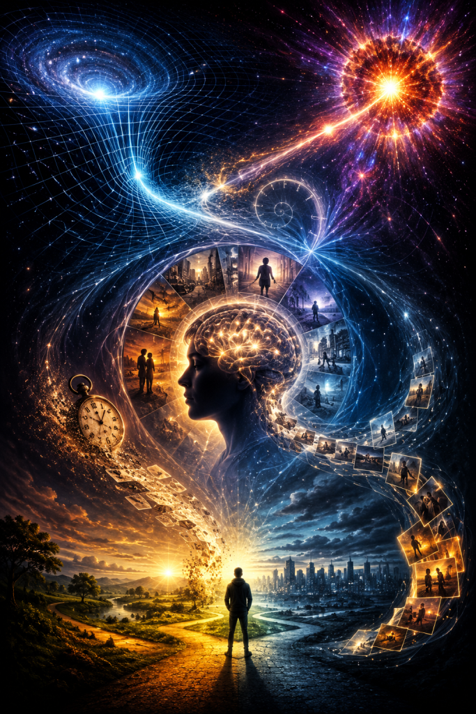 A glowing human silhouette surrounded by memories, clocks, neural pathways, and galaxies symbolizes how identity, perception, and memory influence the subjective experience of time.