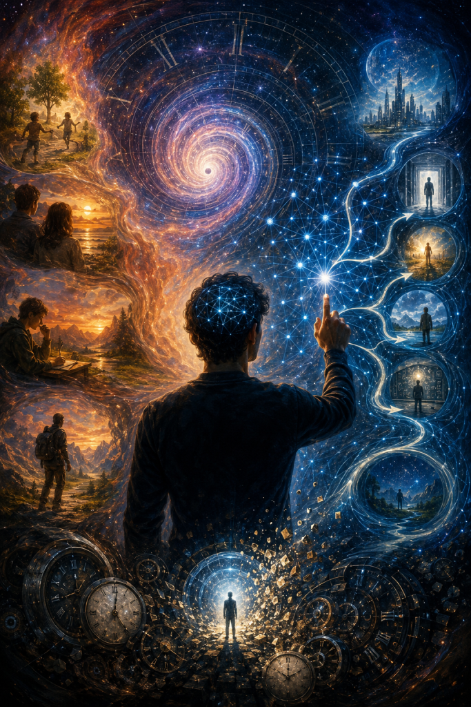 A person reaches toward a glowing network of branching pathways surrounded by scenes of learning, exploration, relationships, achievement, and personal growth, symbolizing how human agency, conscious decisions, and future possibilities emerge through time and experience.