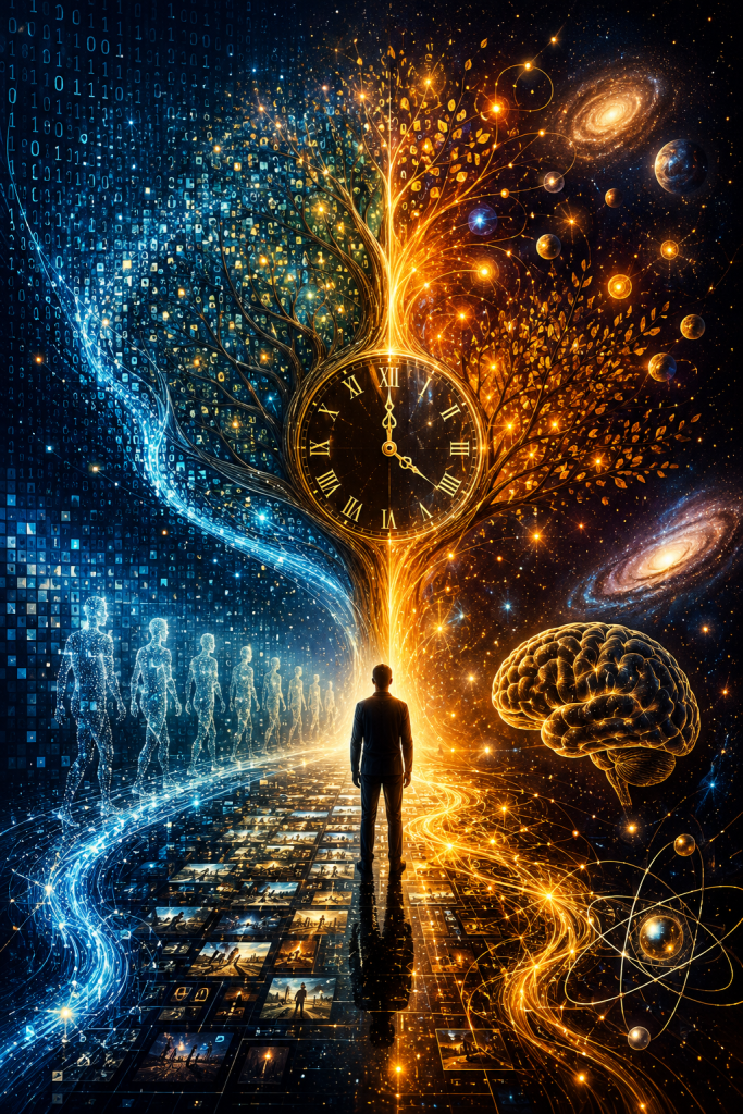 A central clock merges a digital world of data, evolution, and information with a luminous universe of galaxies, biology, and consciousness. A solitary observer stands between these realities, highlighting the connection between memory, intelligence, and information as a foundation for temporal order.