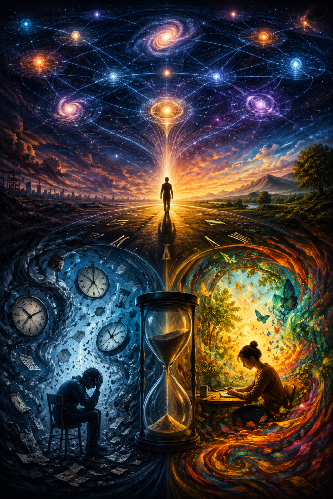 A lone traveler walks toward a radiant horizon beneath interconnected stars and galaxies while contrasting landscapes surround an hourglass, symbolizing multiple cosmic perspectives and a single human timeline.