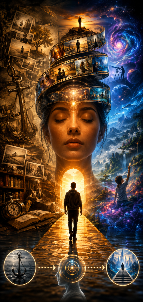 A young figure walks toward a radiant doorway between memories of the past and visions of the future, symbolizing consciousness creating continuity through narrative, memory, and anticipation.