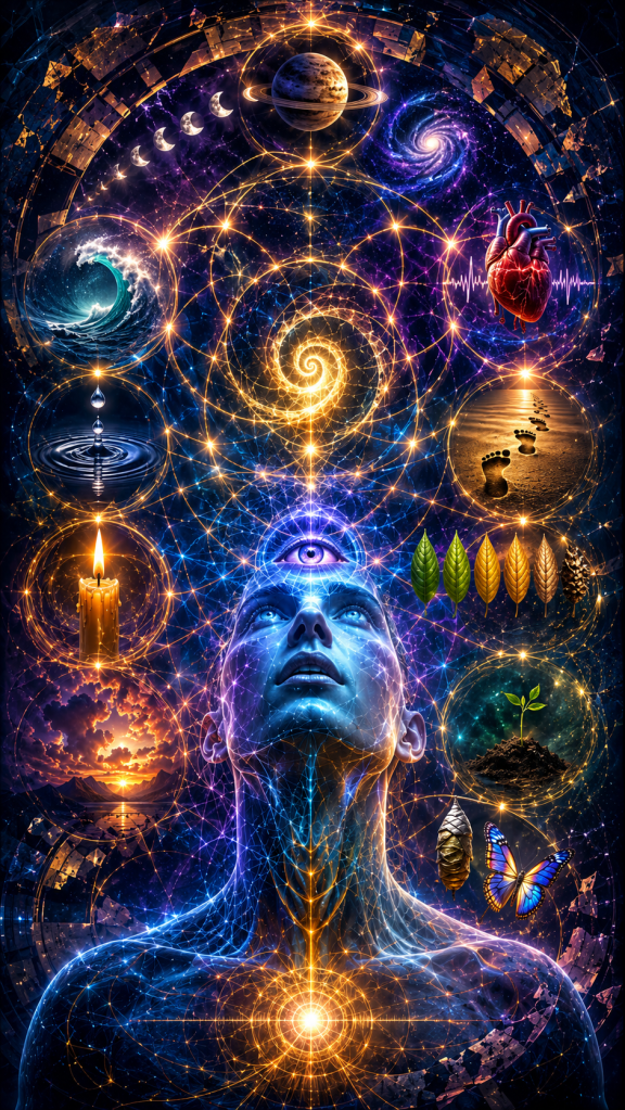Symbolic portrait of human consciousness surrounded by nature, growth, emotion, transformation, and cosmic geometry, representing awareness as an active participant in temporal experience.