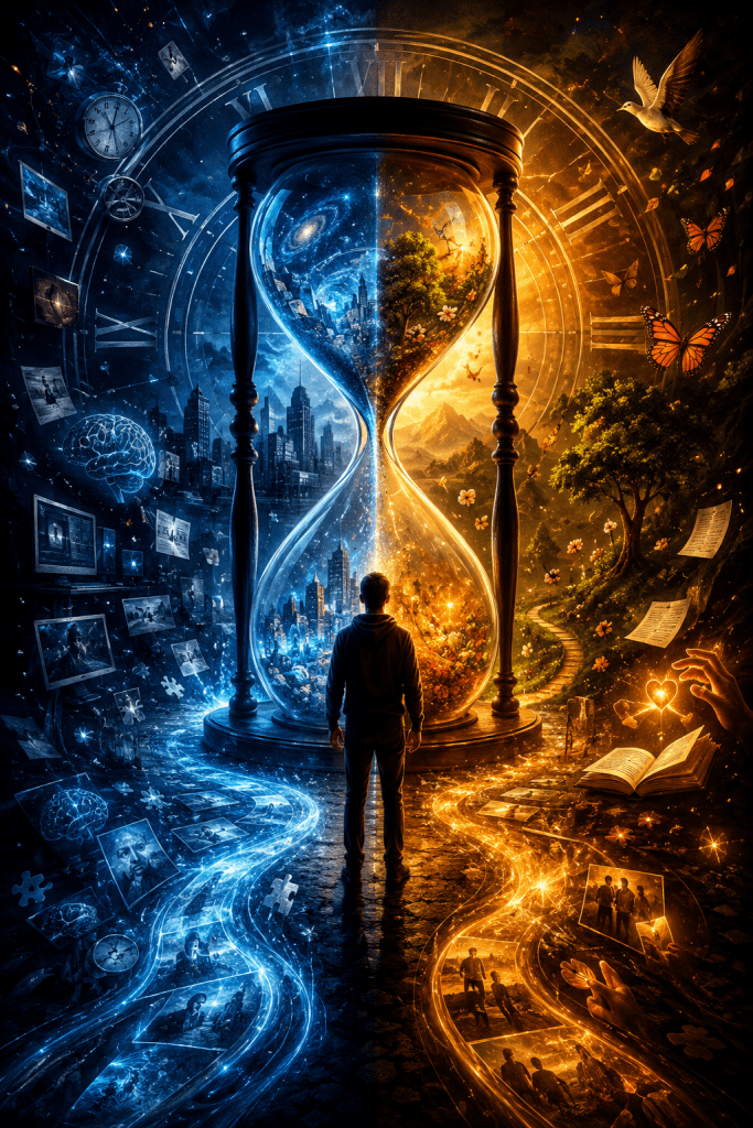 A lone figure stands before a colossal hourglass surrounded by contrasting worlds of technology, data, nature, relationships, and personal values, representing how choices and attention shape the experience of time.