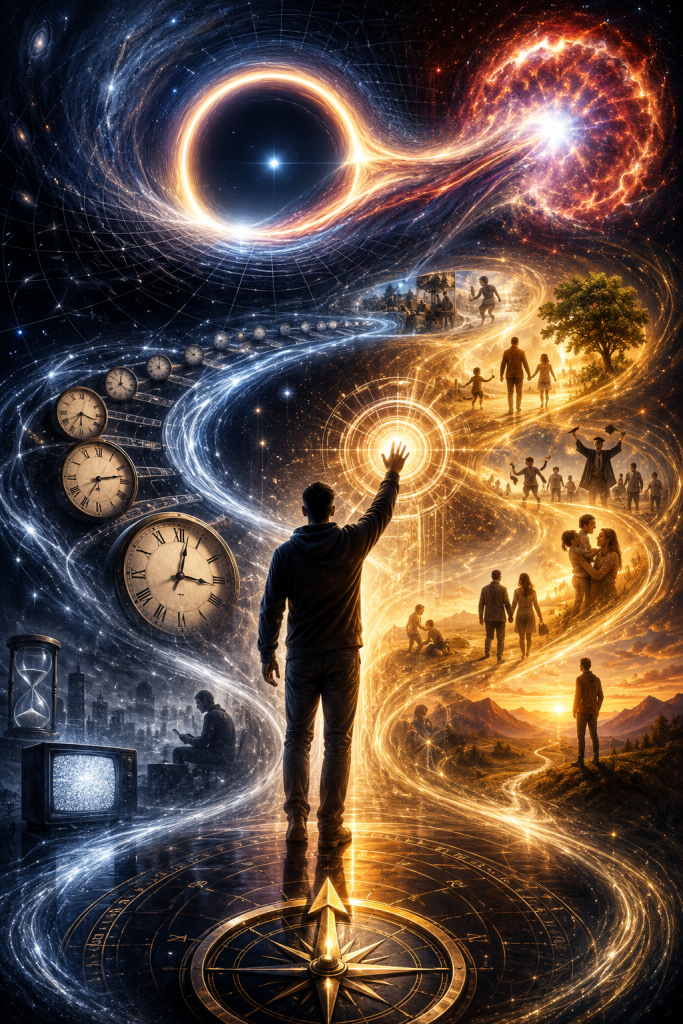A person reaches toward a brilliant light while standing between contrasting life paths representing isolation and fulfillment, illustrating how agency, attention, and conscious choices influence temporal experience.
