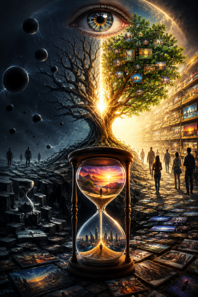 A giant eye overlooks a split tree, half barren and half flourishing, rising above an hourglass filled with miniature worlds. Countless images and pathways surround the scene, representing observation, memory, possibility, information registration, and the emergence of meaningful time.