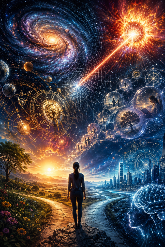 A woman stands between a natural landscape and futuristic city beneath galaxies, clocks, and neural imagery, representing consciousness, possibility, personal choice, and the unfolding nature of time.
