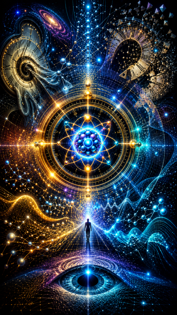 Traveler walking along a luminous pathway surrounded by atomic structures, clocks, galaxies, waveforms, and cosmic energy, representing the exploration of time, modern physics, consciousness, and humanity's quest to understand reality.