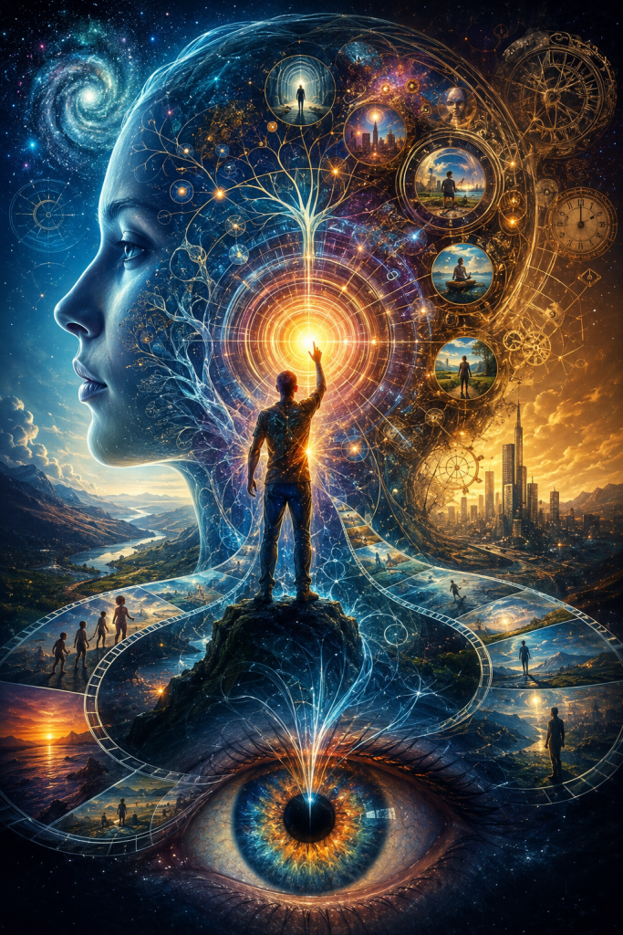 A towering human profile contains galaxies, clocks, memories, and pathways through different stages of life. A central figure reaches toward a radiant point of light, symbolizing consciousness integrating past, present, and future into lived experience.
