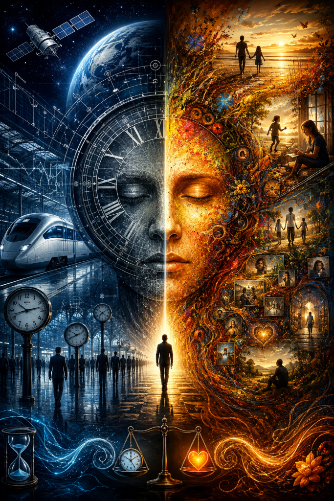 A divided scene contrasts scientific measurement through clocks, satellites, and mathematics with emotional experiences of family, love, nature, and memory, representing the difference between measured time and lived time.