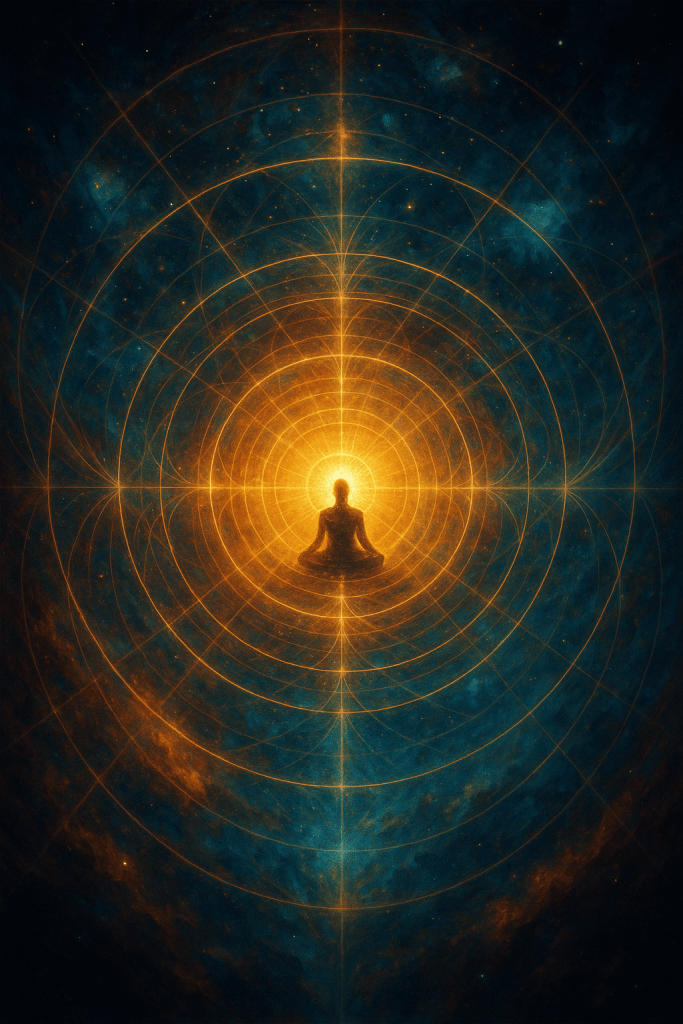 A meditating silhouette sits within glowing concentric circles and sacred geometric patterns against a cosmic backdrop of blue and amber nebulae, representing quiet reflection and mindful awareness.