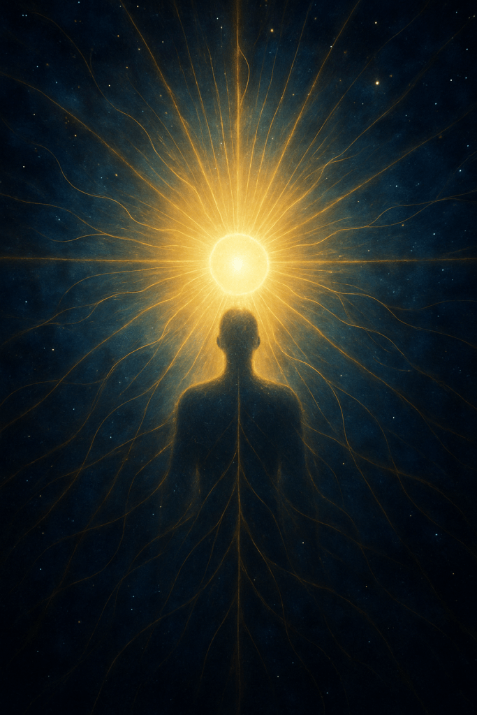 A silhouetted human figure gazes toward brilliant golden light while luminous energy strands stretch across a dark cosmic universe, symbolizing expanded awareness and seeing beyond appearances.